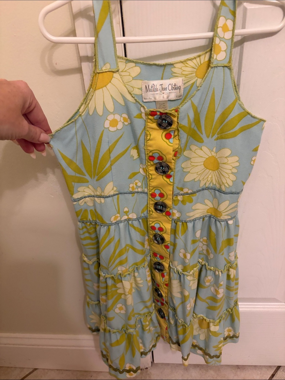 Matilda Jane Light Blue and Yellow Floral Tiered Dress with Button Front